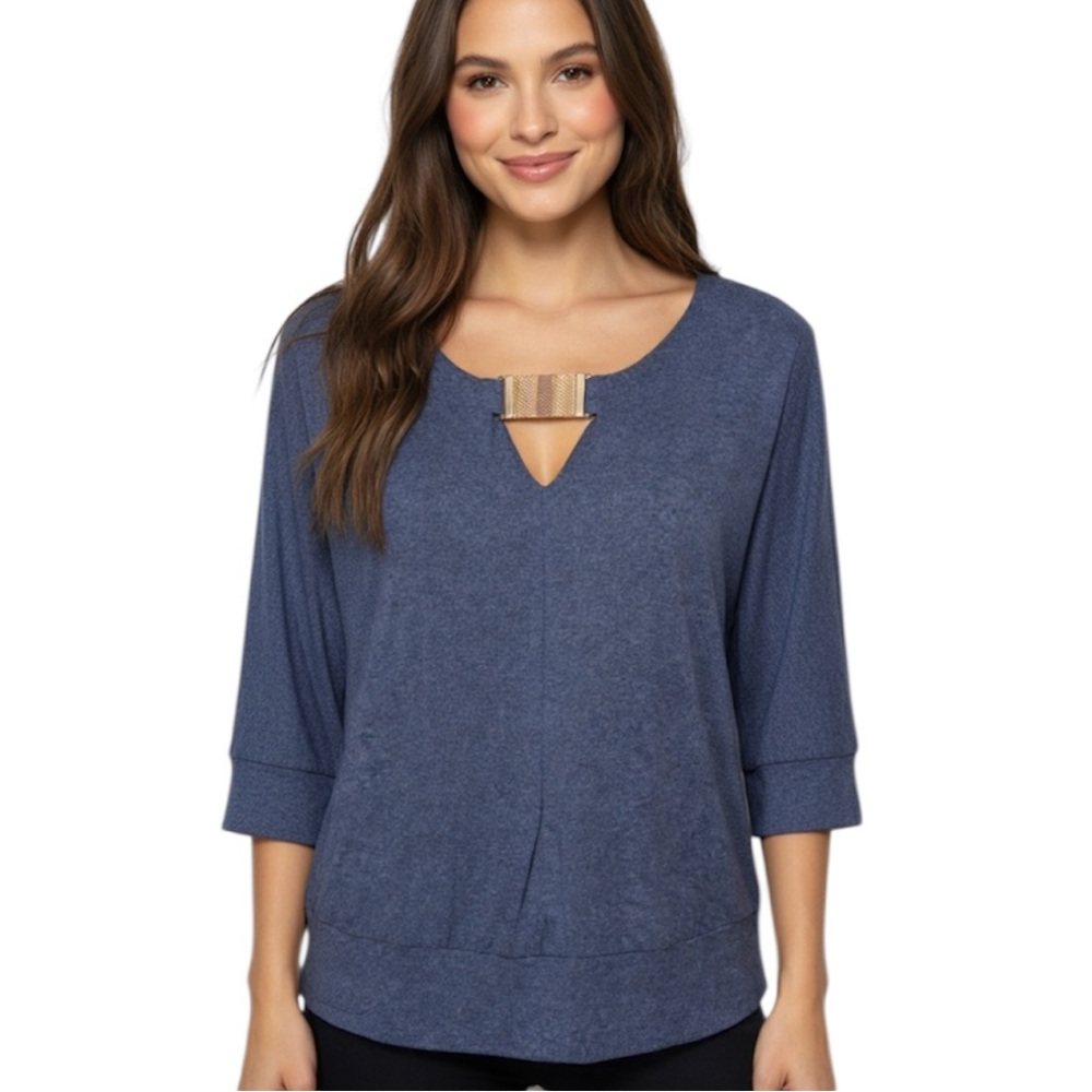 AUW Blue Heather V-Neck Drop Shoulder 3/4 Sleeve Top